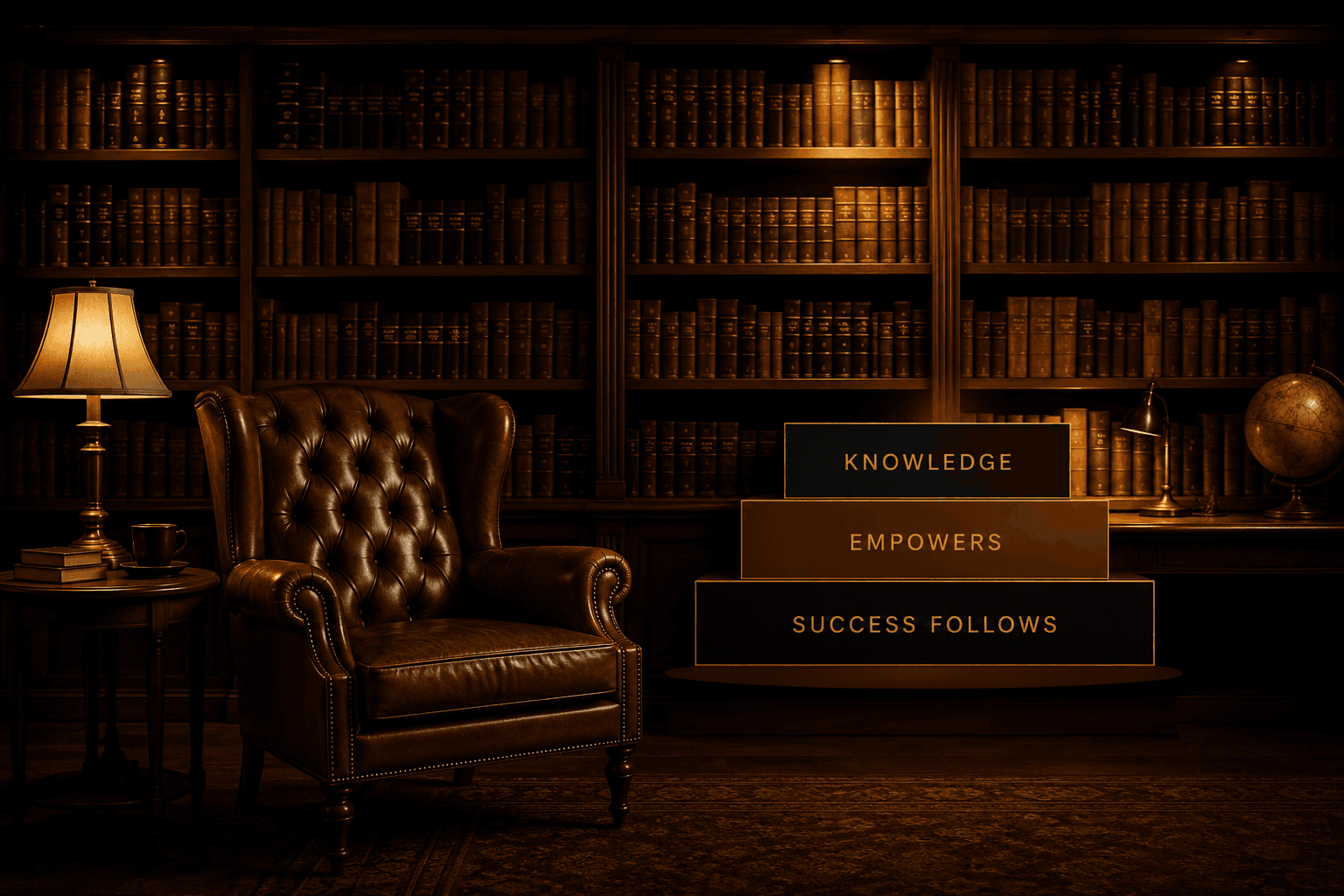 A warm, carefully arranged library interior